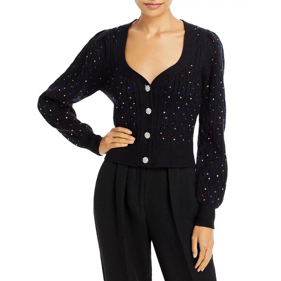 NWOT AQUA Black Rhinestone Studded Cable Knit Cardigan Sweater, Size S - Picture 1 of 10